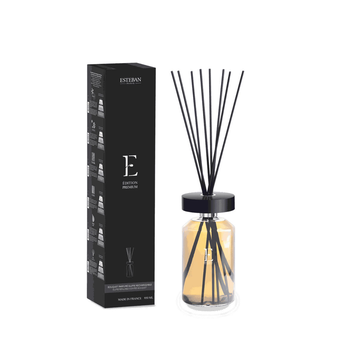 Bouquet parfumé rechargeable Esteban Paris Édition Premium 990 ml, diffuseur de parfum d’intérieur en flacon de verre ambré avec capot noir brillant et tiges parfumées noires